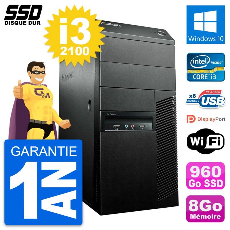 Ordenador de sobremesa Lenovo ThinkCentre M91p, Intel Core i3-2100, 8GB RAM, SSD de 960GB, Windows 10, Wifi
