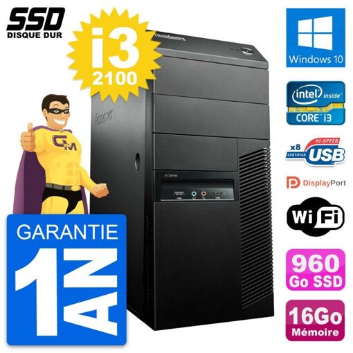 Lenovo ThinkCentre M91p Desktop Computer - Intel i3-2100, 16GB RAM, 960GB SSD, Windows 10, WiFi