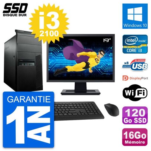 Lenovo M91p Mid Tower PC - 19" Screen, Core i3-2100, 16GB RAM, 120GB SSD, Windows 10, WiFi