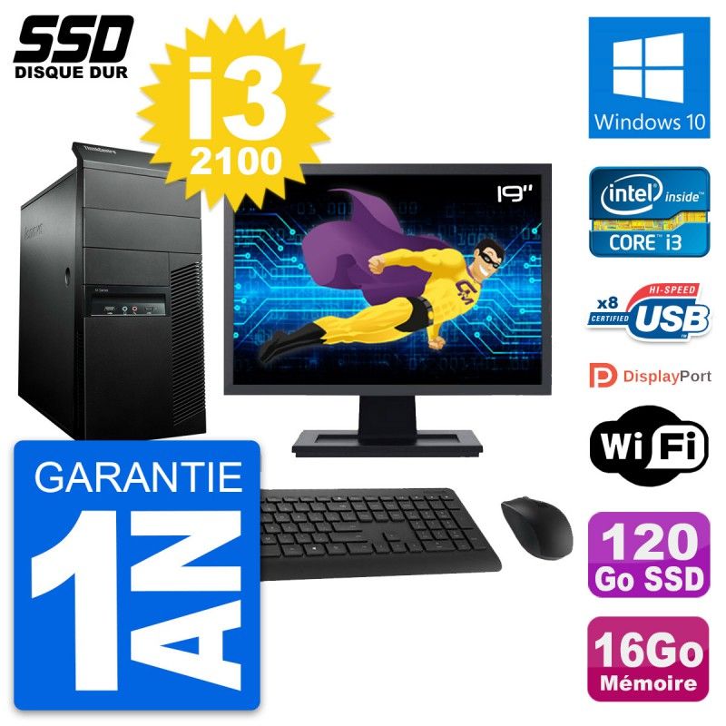 Lenovo M91p Mid Tower PC - 19" Screen, Core i3-2100, 16GB RAM, 120GB SSD, Windows 10, WiFi