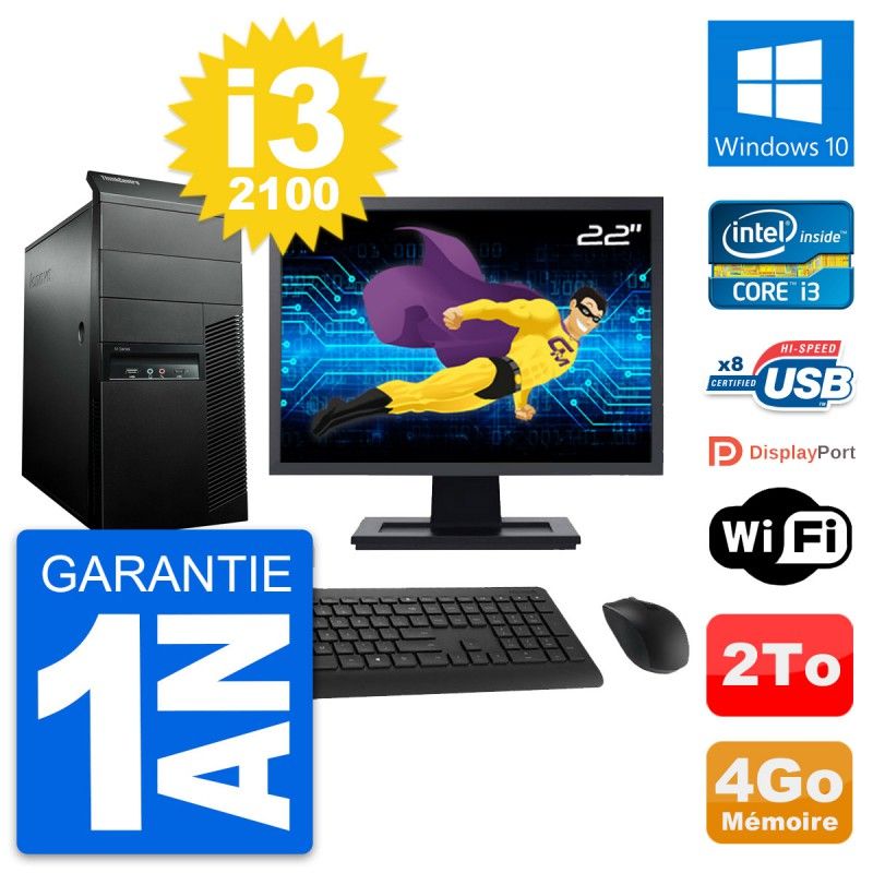 Lenovo M91p Desktop PC - 22" Screen, Intel i3-2100, 4GB RAM, 2TB HDD, Windows 10, WiFi