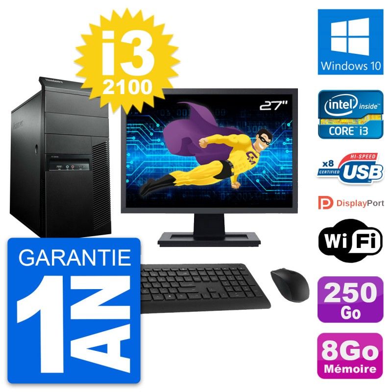 Lenovo M91p Desktop Computer - 27" Screen, Core i3-2100, 8GB RAM, 250GB SSD, Windows 10, Wifi