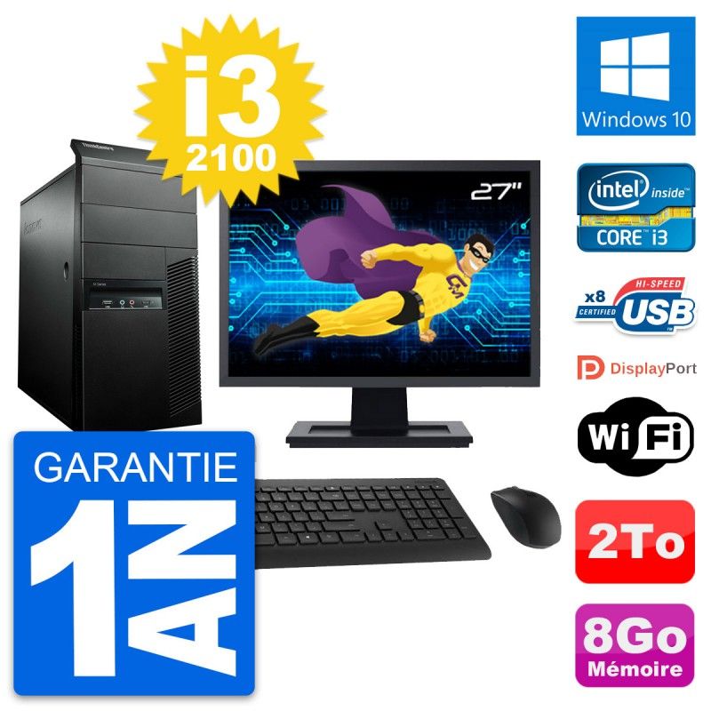 Lenovo M91p Mid Tower PC - 27" Screen, Intel i3-2100, 8GB RAM, 2TB HDD, Windows 10, Wifi