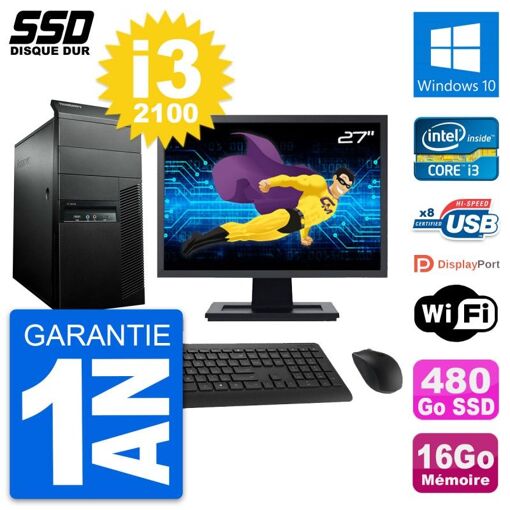 Lenovo M91p 27-inch All-in-One PC, Intel i3-2100, 16GB RAM, 480GB SSD, Windows 10, Wifi