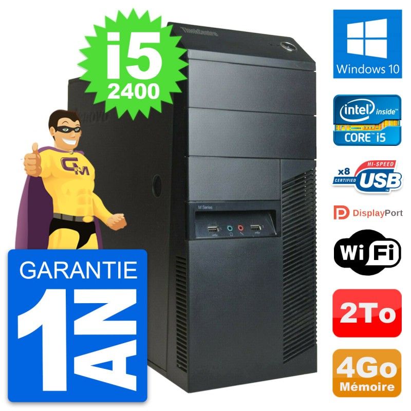 Ordinateur de bureau Lenovo ThinkCentre M91p - Processeur Intel i5-2400, 4 Go de RAM, Disque dur 2 To, Windows 10, Wi-Fi