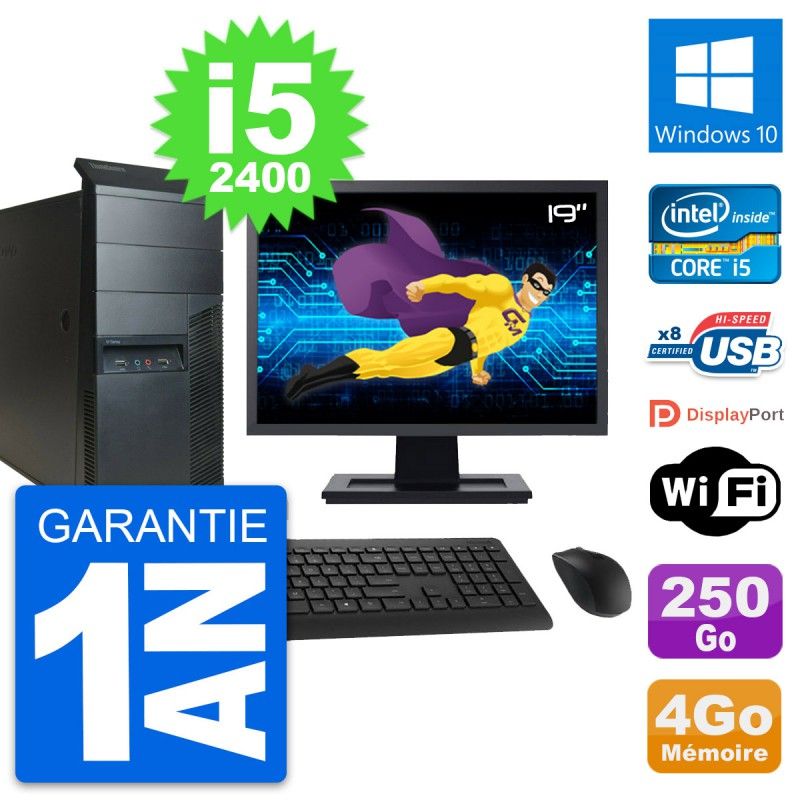 Lenovo M91p Mid Tower PC - 19" Screen, Intel i5-2400, 4GB RAM, 250GB HDD, Windows 10, WiFi