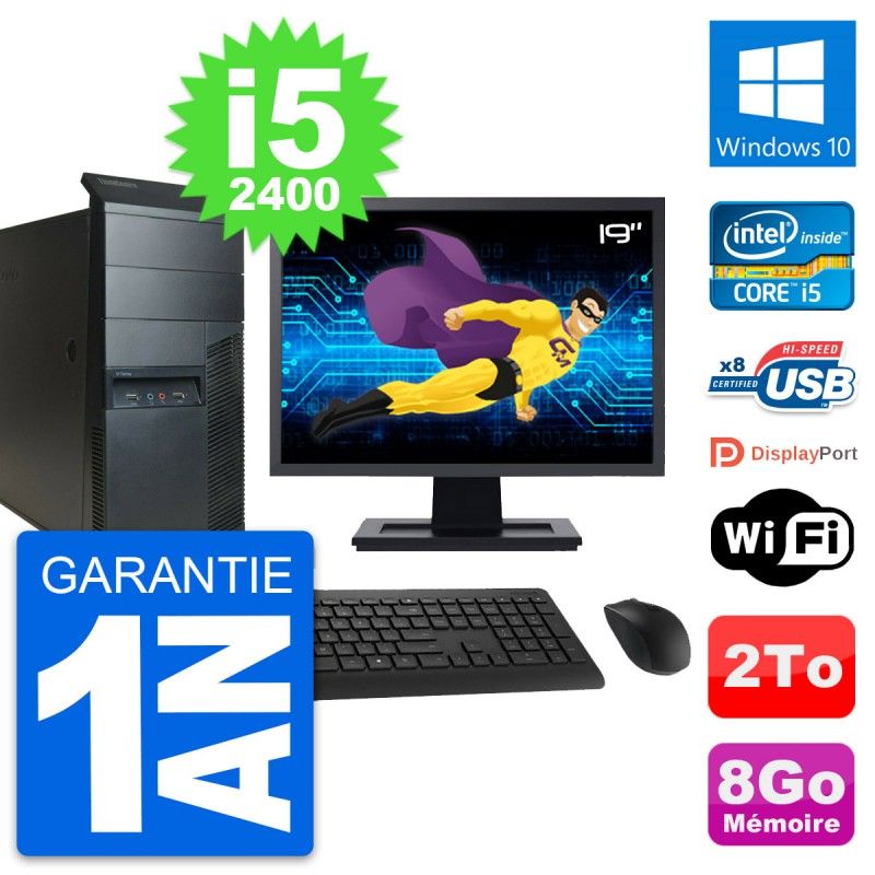 Lenovo M91p Mid Tower PC - 19" Screen, Intel i5-2400, 8GB RAM, 2TB HDD, Windows 10, WiFi