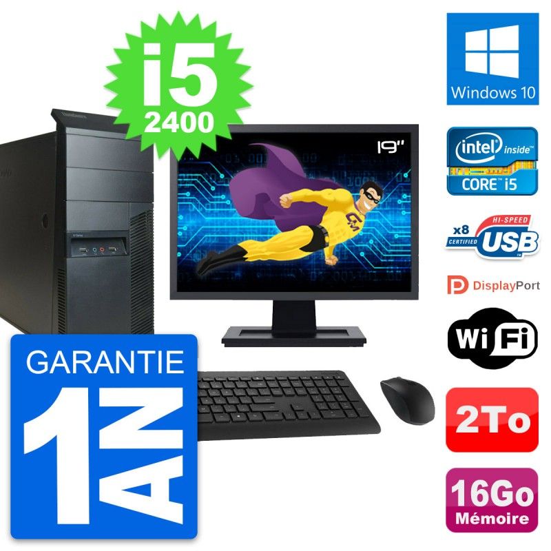 Lenovo M91p Mid Tower PC - 19" Screen, Core i5-2400, 16GB RAM, 2TB HDD, Windows 10, WiFi