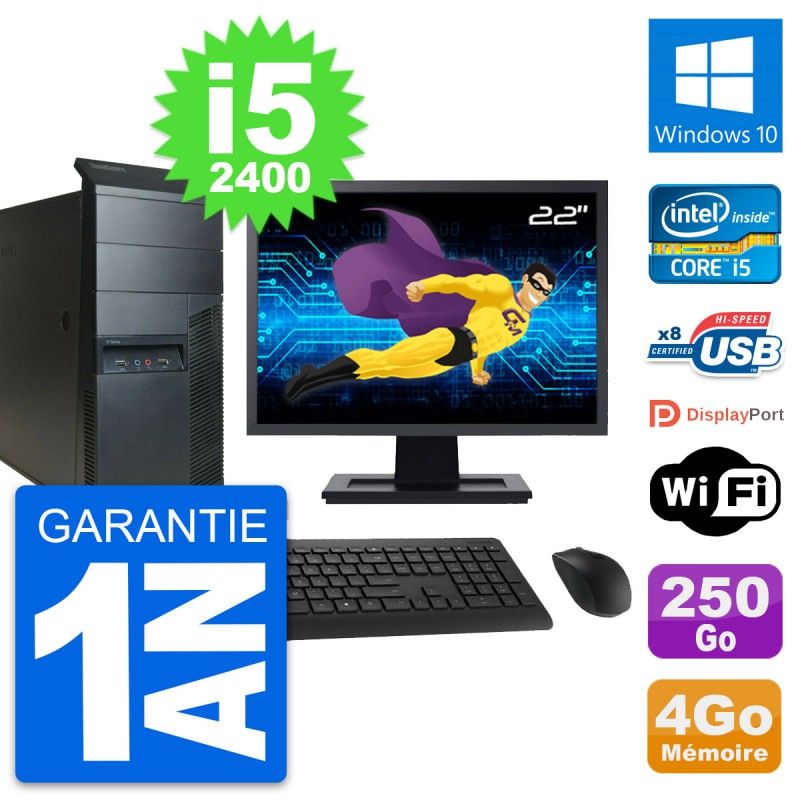 Lenovo M91p Mid Tower PC - 22" Screen, Intel i5-2400, 4GB RAM, 250GB Hard Drive, Windows 10, WiFi