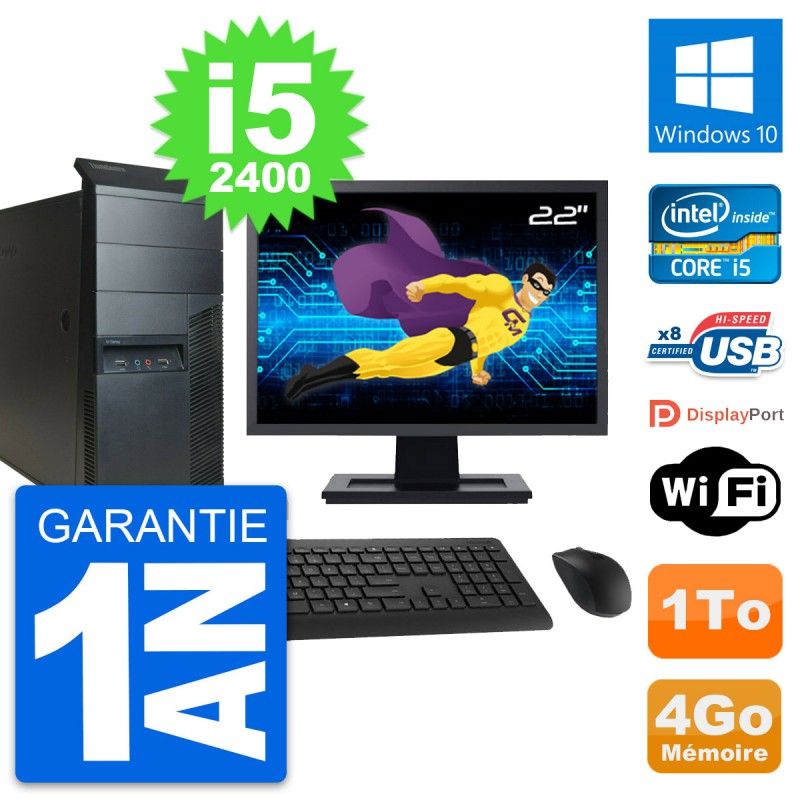 Lenovo M91p Mid Tower PC - 22" Screen, Intel i5-2400, 4GB RAM, 1TB HDD, Windows 10, WiFi