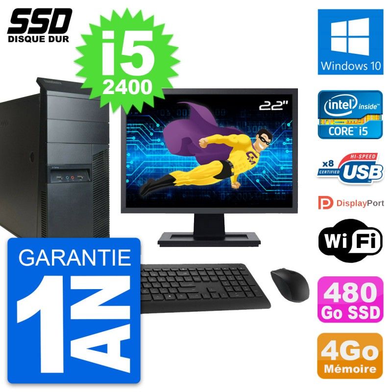 Lenovo M91p 22" Screen PC, Intel i5-2400, 4GB RAM, 480GB SSD, Windows 10, WiFi