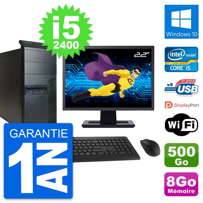 Ordinateur de bureau Lenovo M91p 22 pouces - Processeur Intel Core i5-2400, 8 Go de RAM, 500 Go de disque dur, Windows 10, Wi-Fi