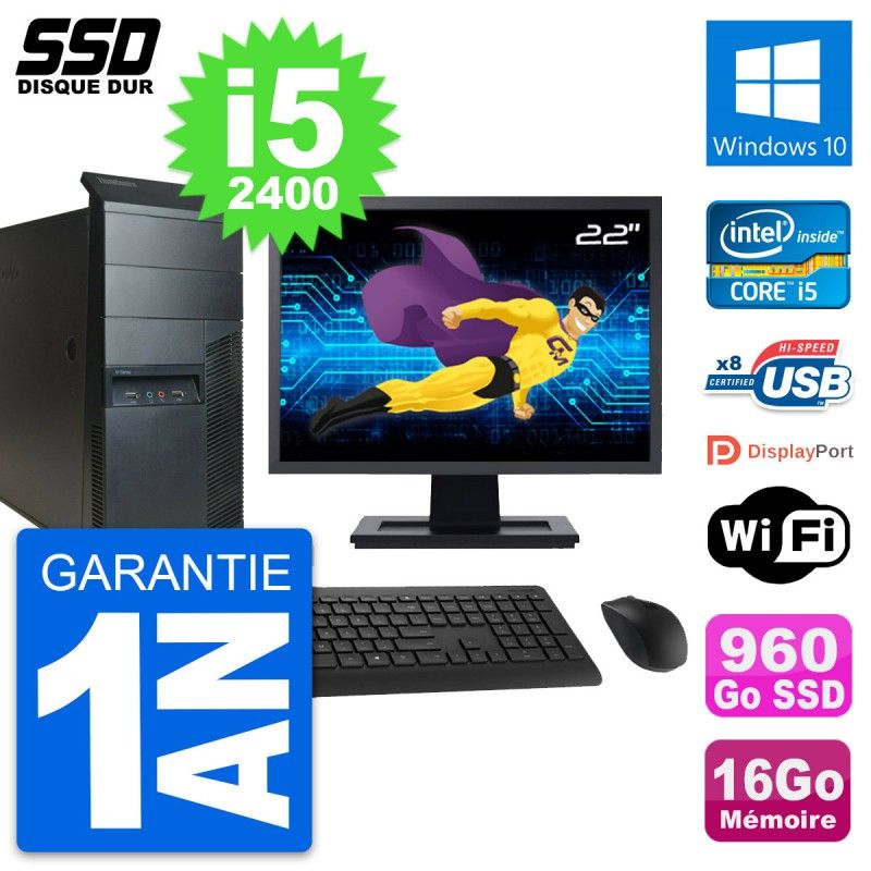 Lenovo M91p Mid Tower PC - 22" Screen, Intel i5-2400, 16GB RAM, 960GB SSD, Windows 10, WiFi