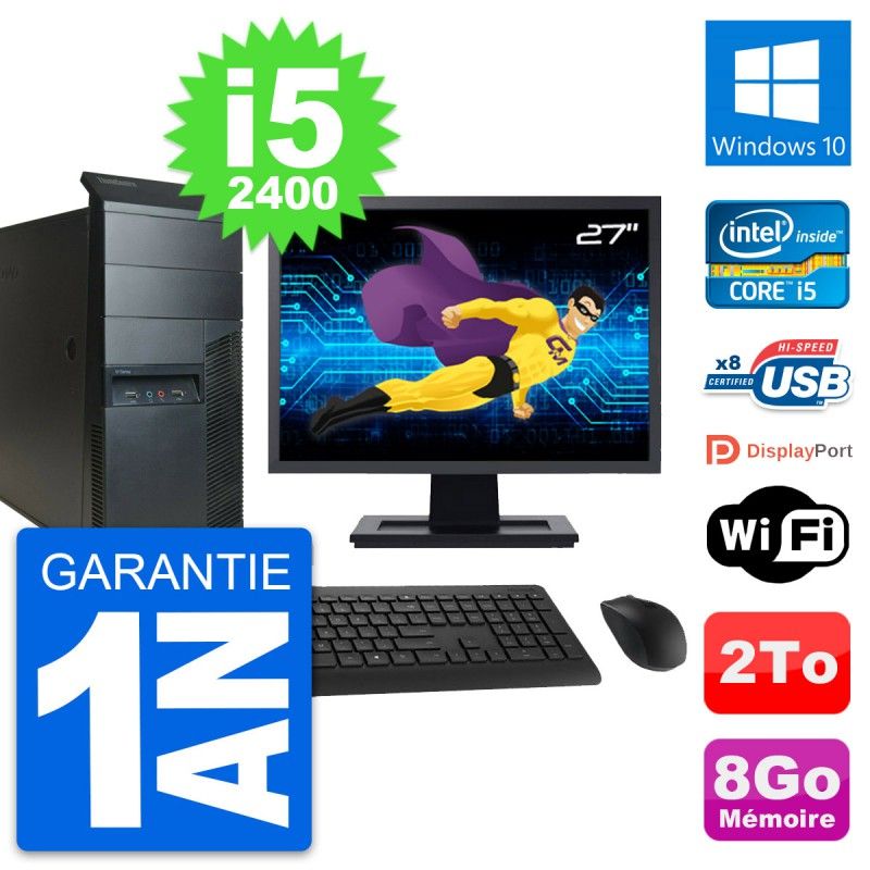 Lenovo M91p Mid Tower PC - 27" Screen, Intel i5-2400, 8GB RAM, 2TB HDD, Windows 10, WiFi