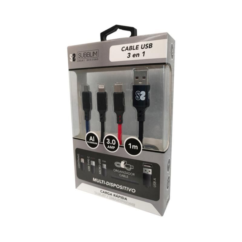 Subblim Premium Cable, 3.0A Fast Charge, 3-in-1 1m Cable, Lightning/Micro USB/USB Type C, Double Braided Nylon Cable with Organizer Strap, Black