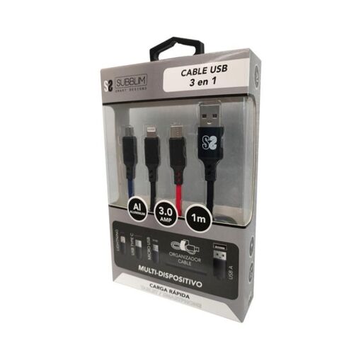 Câble Subblim Premium, charge rapide 3.0A, câble 3 en 1 de 1m, Lightning/Micro USB/USB Type C, câble double tressé en nylon de 1m, sangle organisatrice, noir