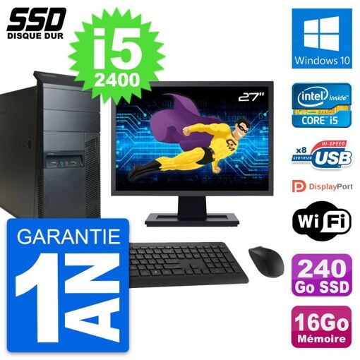 Lenovo M91p Mid Tower PC with 27" Screen, Intel i5-2400, 16GB RAM, 240GB SSD, Windows 10, WiFi