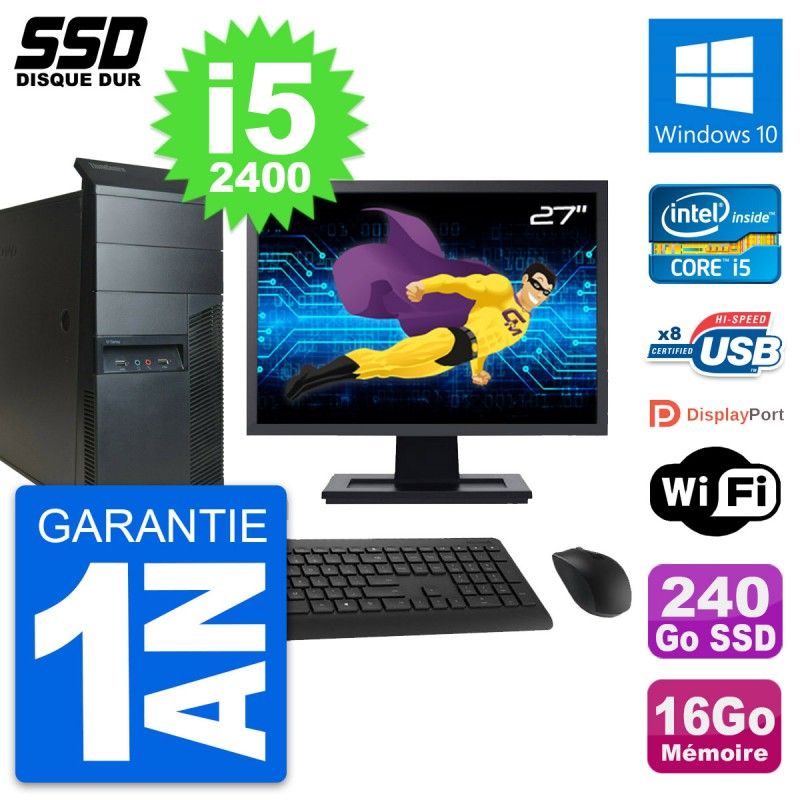 Lenovo M91p Mid Tower PC with 27" Screen, Intel i5-2400, 16GB RAM, 240GB SSD, Windows 10, WiFi