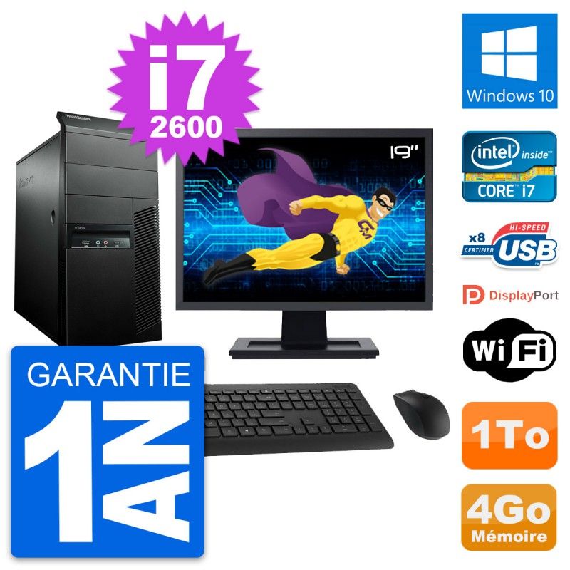 Lenovo M91p Desktop PC - 19" Screen, Core i7-2600, 4GB RAM, 1TB HDD, Windows 10, WiFi