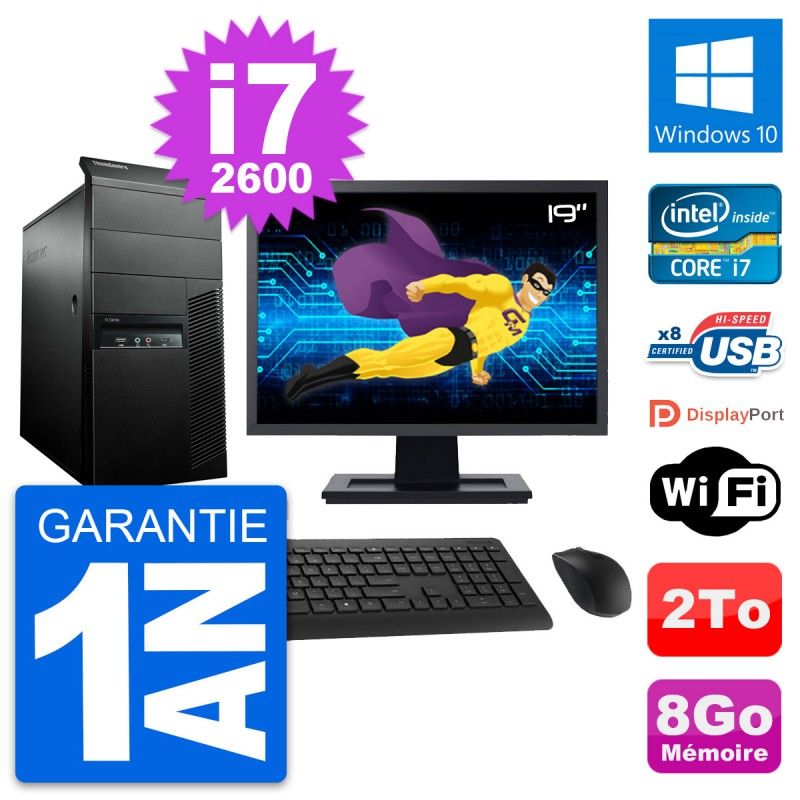 Lenovo M91p Mid Tower PC - 19" Screen, Intel i7-2600, 8GB RAM, 2TB HDD, Windows 10, WiFi
