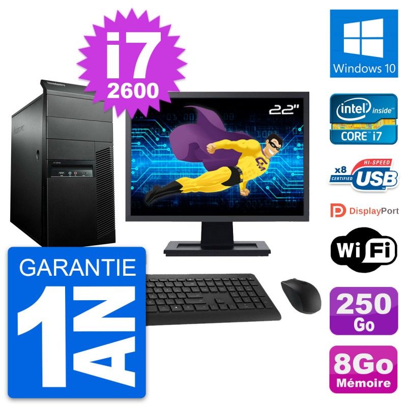 Lenovo M91p Mid Tower PC - 22" Screen, Core i7-2600, 8GB RAM, 250GB Hard Drive, Windows 10, Wifi