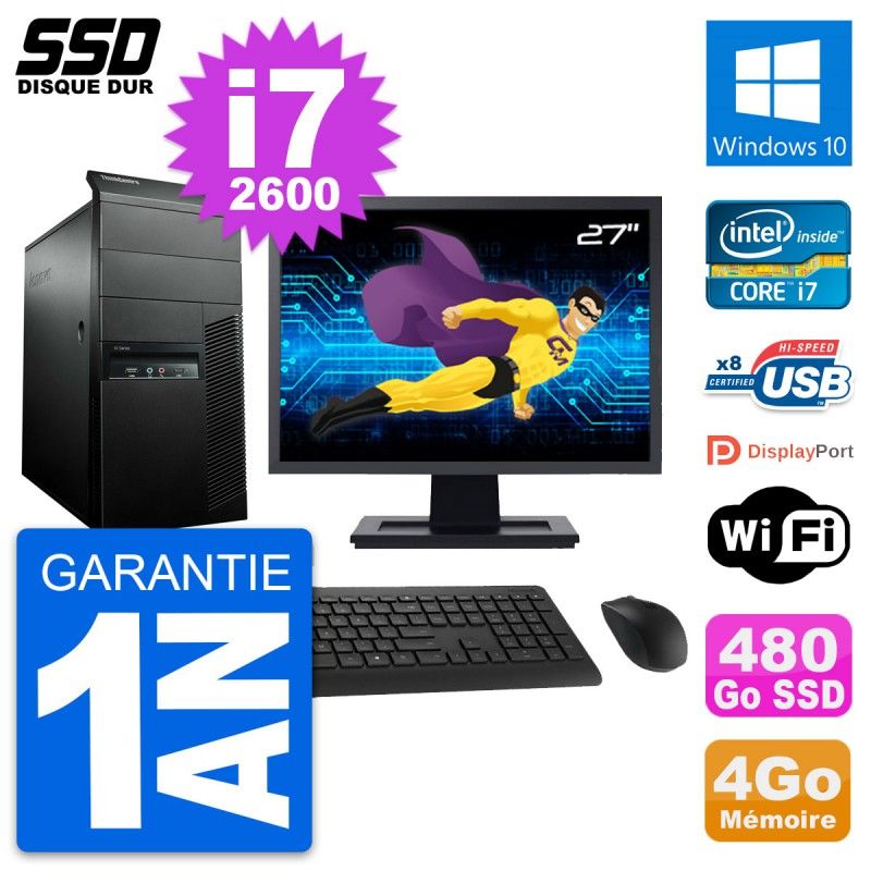 Lenovo M91p 27" Monitor Core i7-2600 4GB RAM 480GB SSD Windows 10 WiFi Desktop PC