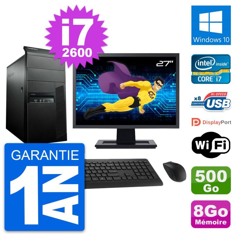 Lenovo M91p Mid Tower PC - 27" Screen, Core i7-2600, 8GB RAM, 500GB HDD, Windows 10, WiFi