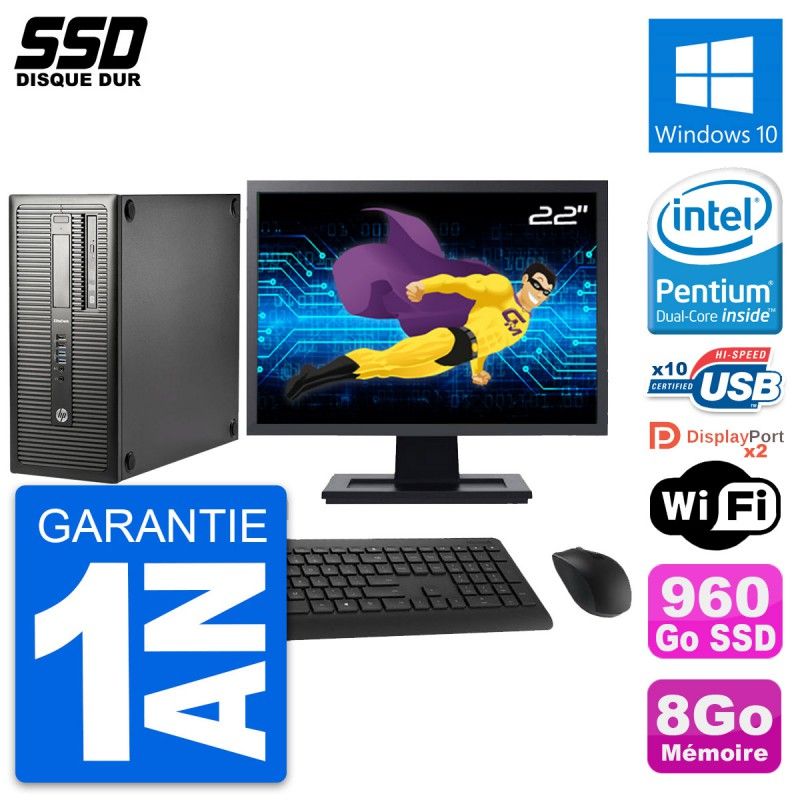 HP EliteDesk 800 G1 Desktop PC - 22" Screen, Intel Pentium Dual-Core G3220, 8GB RAM, 960GB SSD, Windows 10, WiFi