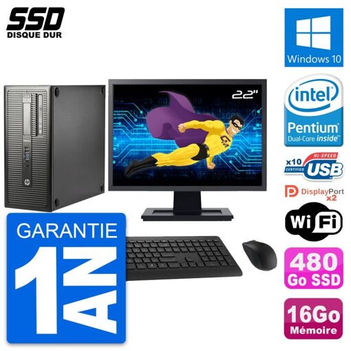 PC de escritorio HP EliteDesk 800 G1 - Pantalla de 22', Procesador Intel Pentium G3220, 16GB de RAM, 480GB SSD, Windows 10, WiFi