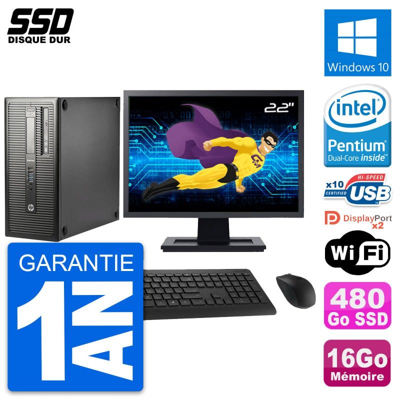 HP EliteDesk 800 G1 Desktop PC - 22" Screen, Intel Pentium G3220, 16GB RAM, 480GB SSD, Windows 10, WiFi