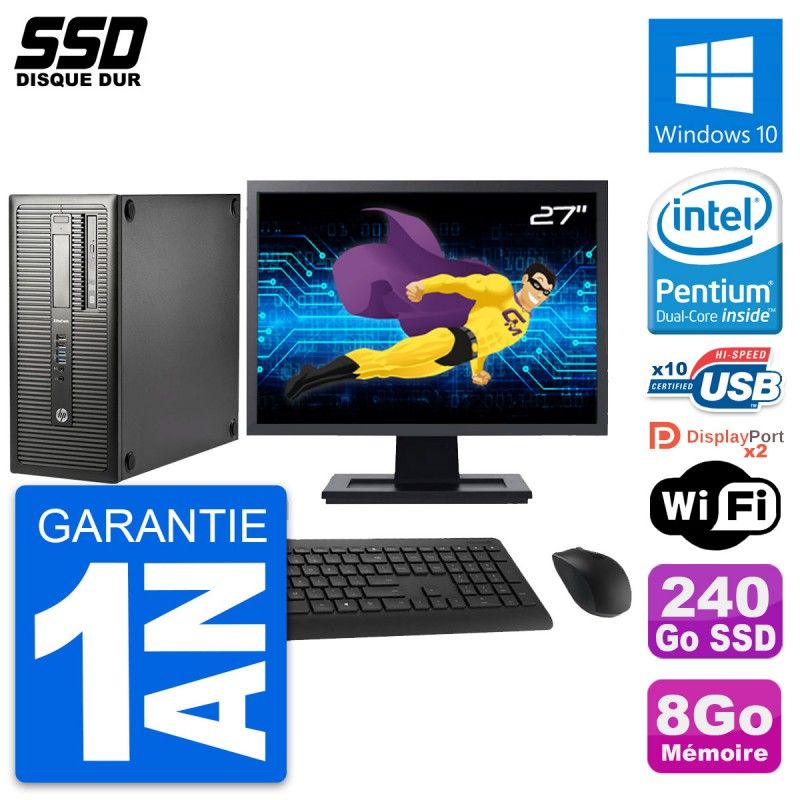 HP EliteDesk 800 G1 Desktop PC - 27" Display, Intel Pentium Dual-Core G3220, 8GB RAM, 240GB SSD, Windows 10, WiFi