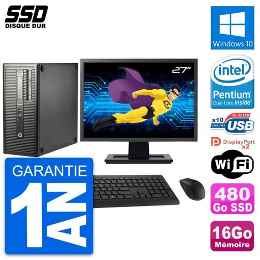 HP EliteDesk 800 G1 Desktop PC - 27" Screen, Intel Pentium Dual-Core G3220, 16GB RAM, 480GB SSD, Windows 10, WiFi