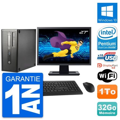 HP EliteDesk 800 G1 Desktop PC - 27" Display, Intel Pentium G3220, 32GB RAM, 1TB HDD, Windows 10