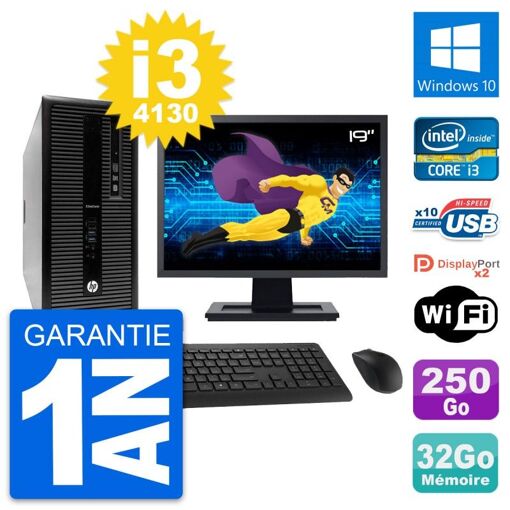 HP EliteDesk 800 G1 Desktop PC - 19" Screen, Intel i3-4130, 32GB RAM, 250GB SSD, Windows 10, WiFi