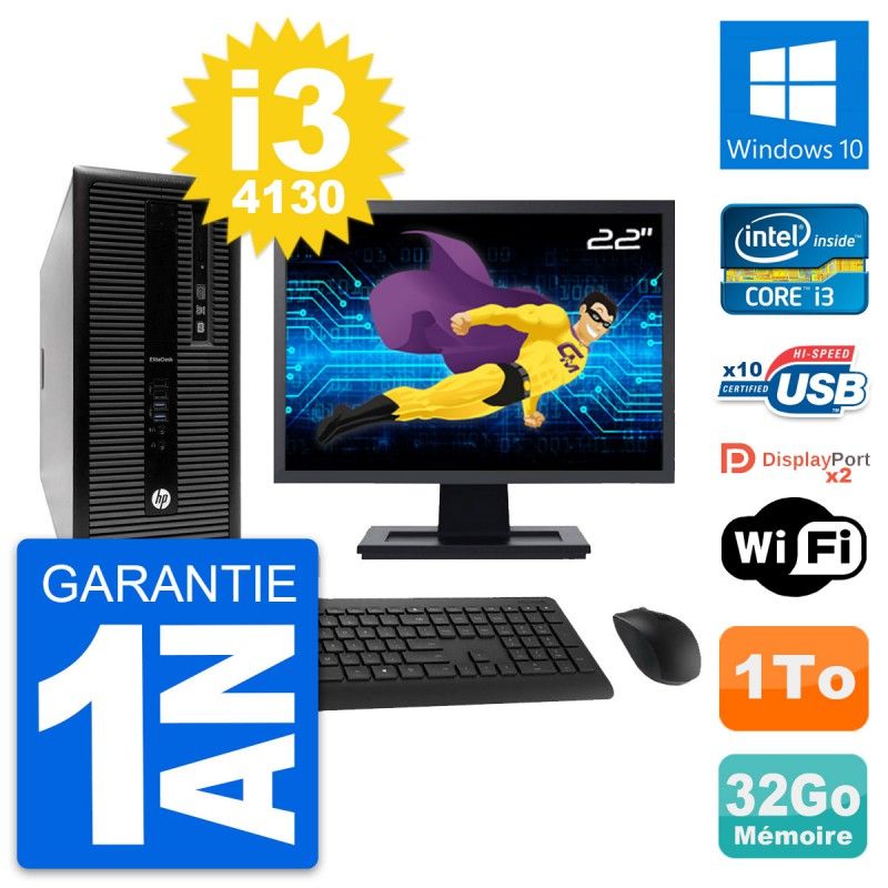 HP EliteDesk 800 G1 Desktop PC - 22" Screen, Intel i3-4130, 32GB RAM, 1TB HDD, Windows 10