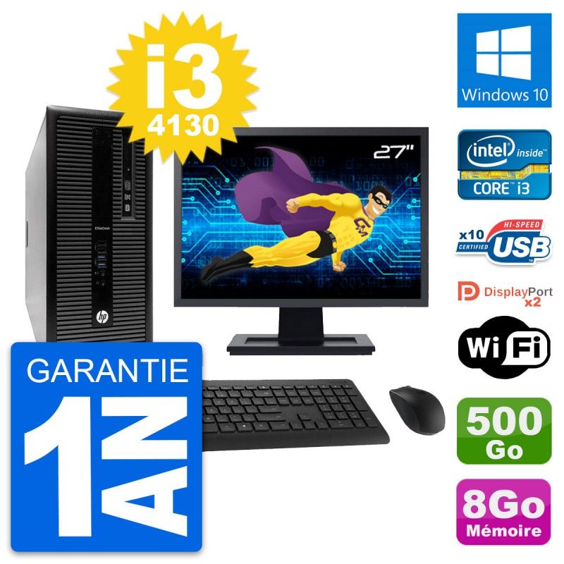 HP EliteDesk 800 G1 Desktop PC - 27" Screen, Intel i3-4130, 8GB RAM, 500GB HDD, Windows 10