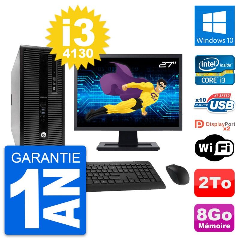 HP EliteDesk 800 G1 Desktop PC - 27" Screen, i3-4130, 8GB RAM, 2TB Hard Drive, Windows 10, Wi-Fi