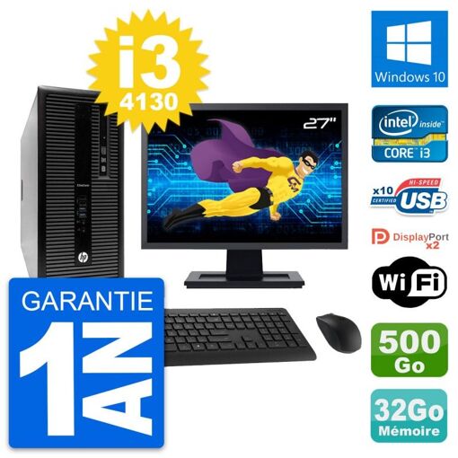 HP EliteDesk 800 G1 Desktop Computer, 27-inch Display, Intel i3-4130, 32GB RAM, 500GB HDD, Windows 10, WiFi