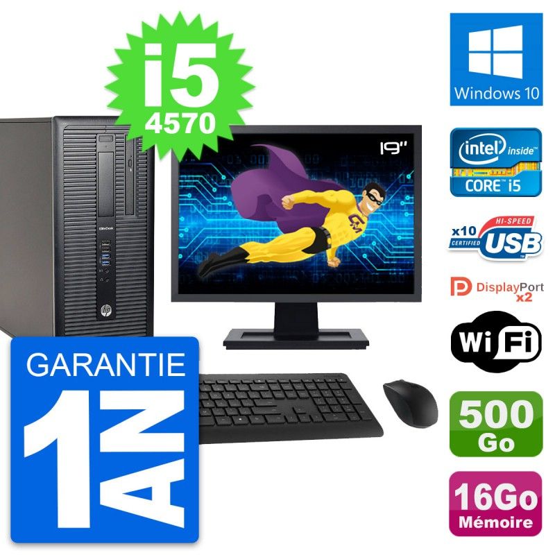 HP EliteDesk 800 G1 Desktop Computer, 19" Screen, Intel i5-4570, 16GB RAM, 500GB Hard Drive, Windows 10, WiFi