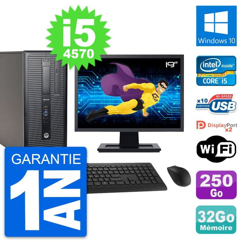 HP EliteDesk 800 G1 19-inch PC - Intel i5-4570, 32GB RAM, 250GB SSD, Windows 10, WiFi