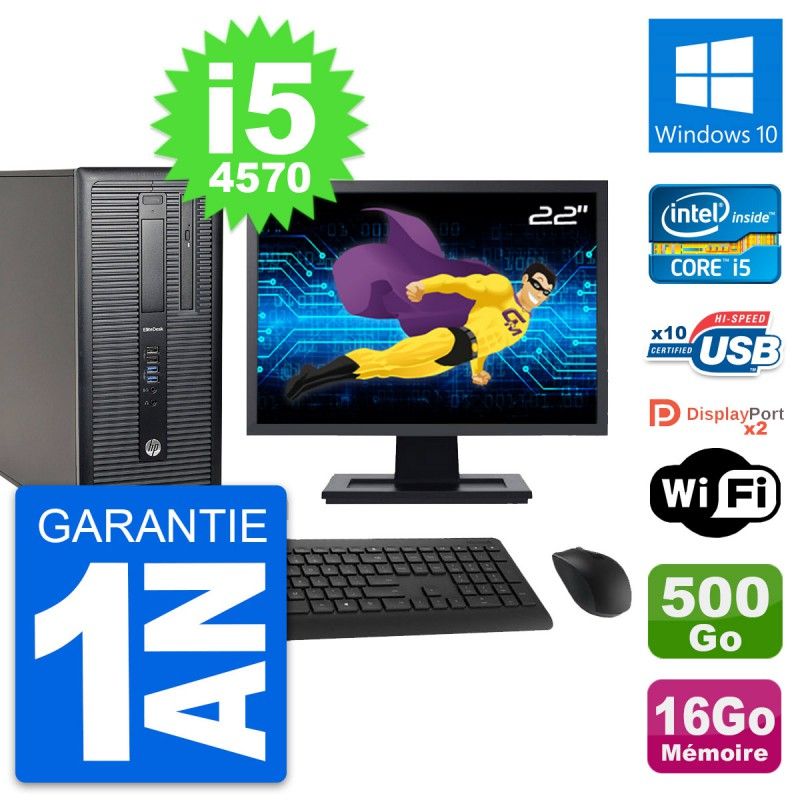 HP EliteDesk 800 G1 Desktop PC - 22" Screen, Intel i5-4570, 16GB RAM, 500GB HDD, Windows 10