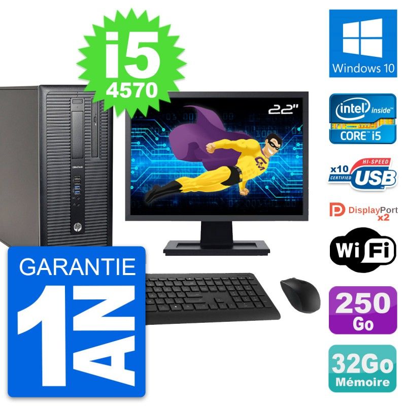 HP EliteDesk 800 G1 Desktop PC - 22" Screen, Intel i5-4570, 32GB RAM, 250GB SSD, Windows 10, WiFi