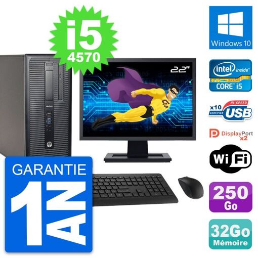 HP EliteDesk 800 G1 Desktop PC - 22" Screen, Intel i5-4570, 32GB RAM, 250GB SSD, Windows 10, WiFi