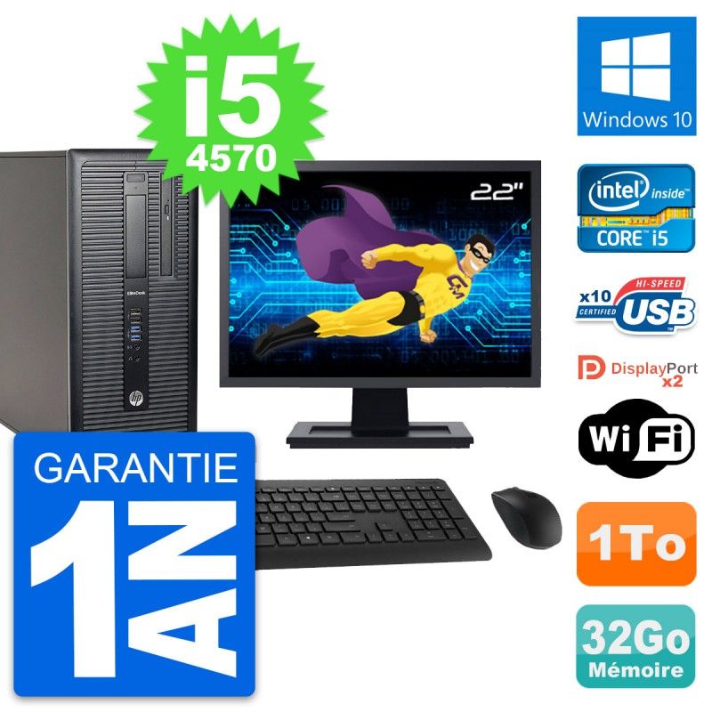 HP EliteDesk 800 G1 Desktop Computer - 22" Screen, Intel i5-4570, 32GB RAM, 1TB HDD, Windows 10