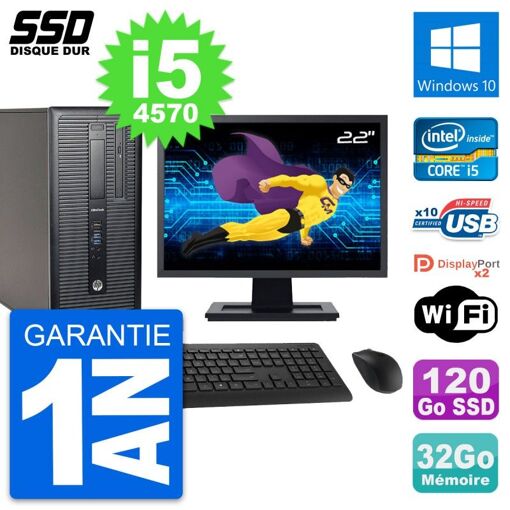 HP EliteDesk 800 G1 Desktop PC - 22" Screen, i5-4570, 32GB RAM, 120GB SSD, Windows 10, WiFi