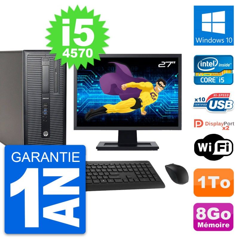 HP EliteDesk 800 G1 Desktop PC - 27" Screen, i5-4570, 8GB RAM, 1TB HDD, Windows 10, WiFi