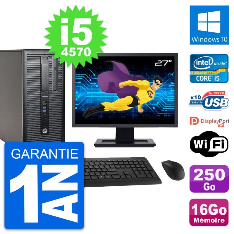PC de escritorio HP EliteDesk 800 G1 - Pantalla de 27', Intel i5-4570, 16GB RAM, 250GB HDD, Windows 10, WiFi