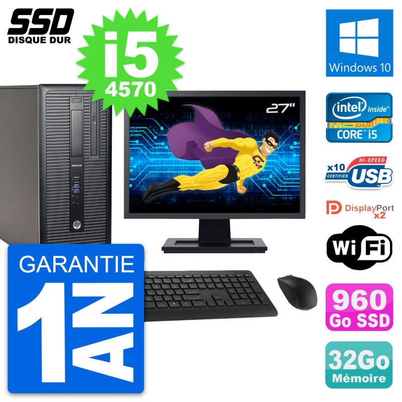 HP EliteDesk 800 G1 Desktop PC - 27" Screen, i5-4570, 32GB RAM, 960GB SSD, Windows 10