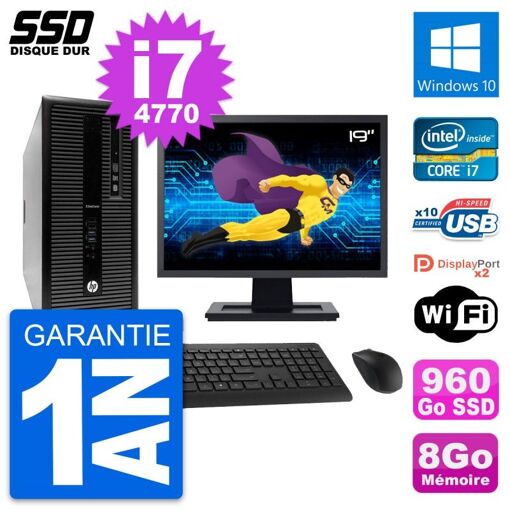 HP EliteDesk 800 G1 Desktop PC - 19" Screen, i7-4770, 8GB RAM, 960GB SSD, Windows 10, WiFi