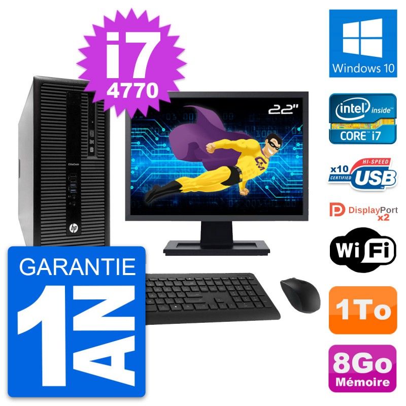 HP EliteDesk 800 G1 Desktop PC - 22" Screen, i7-4770, 8GB RAM, 1TB Hard Drive, Windows 10, WiFi